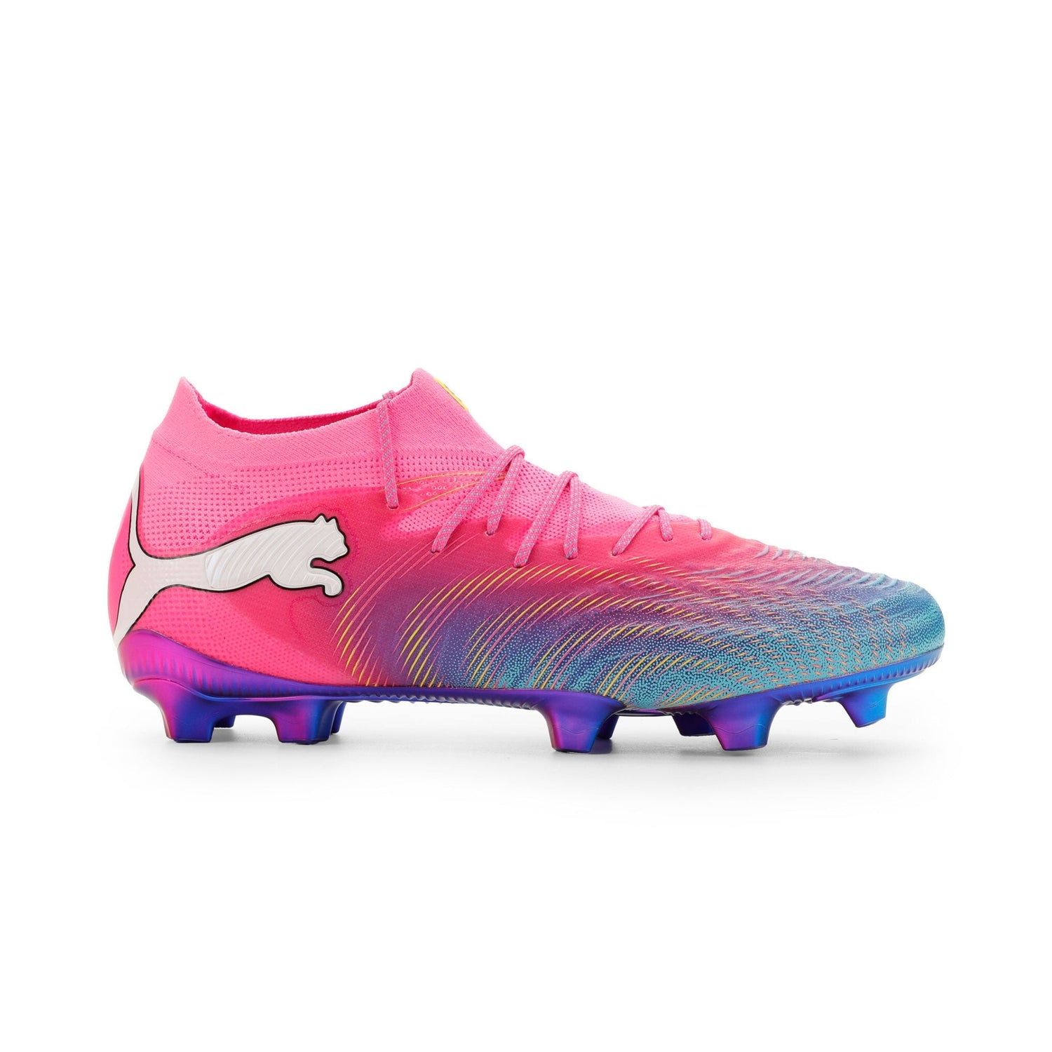 PUMA FUTURE 9 Ultimate FG soccer cleats in pink and blue side view