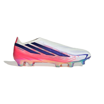 adidas F50 Hyperfast Elite Laceless FG soccer cleats in pink, white and navy with laceless HALOSKIN+ upper