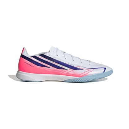 adidas F50 Hyperfast League IC indoor soccer cleat in silver, navy and pink with non-marking rubber outsole