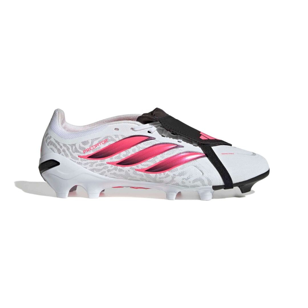 adidas Predator League Fold-Over Tongue FG soccer cleats in white, pink and black with classic fold-over tongue