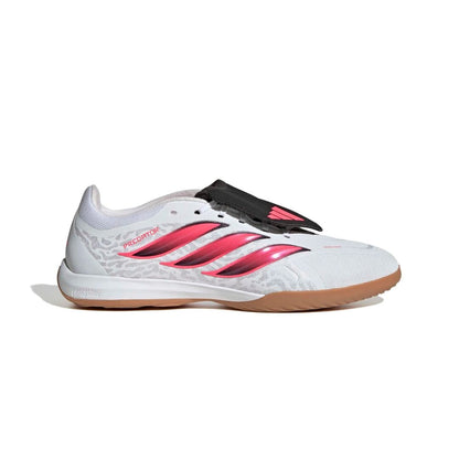 adidas Predator League Fold-Over Tongue IC indoor soccer cleats in white, pink and black with rubber court outsole